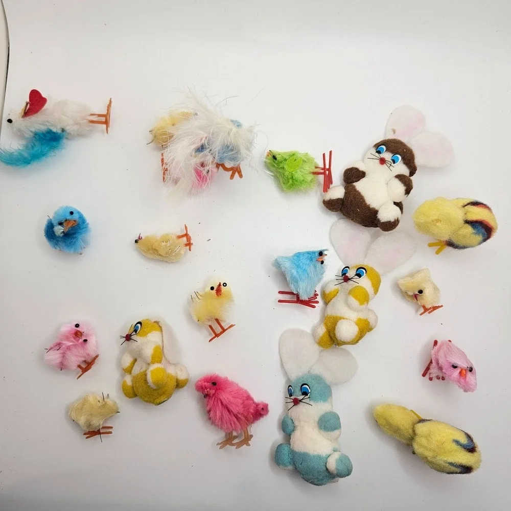 Vintage Flocked Easter Bunny & Chick Lot Feather Chicks Japan Style Spring Decor